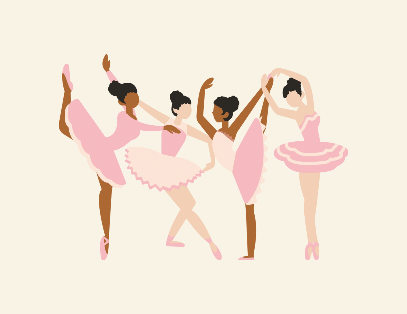 An illustration of four diverse ballerinas in pink