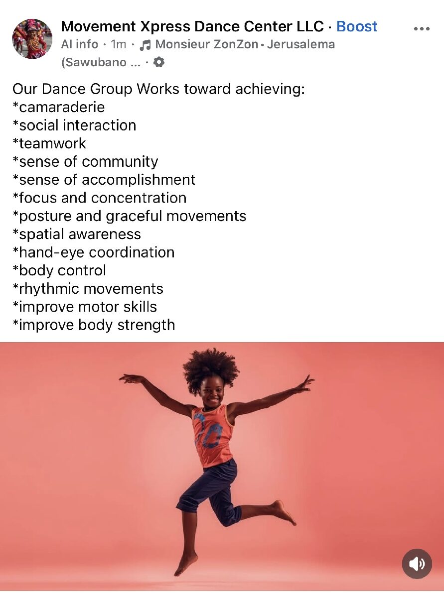A screenshot of a Movement Xpress Dance Center social media post listing what the dance group works toward, with a child leaping