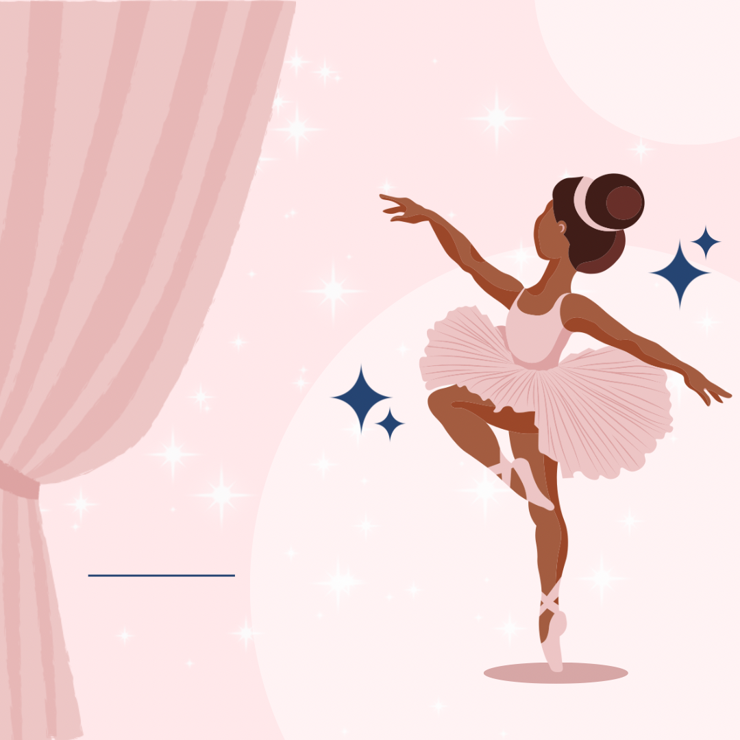 A pink graphic illustration of a ballerina dancing