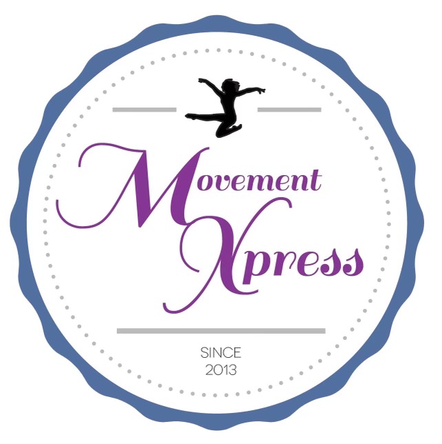 Movement Xpress Dance Center logo: a dancer leaping above the words Movement Xpress, since 2013, in a blue scalloped badge